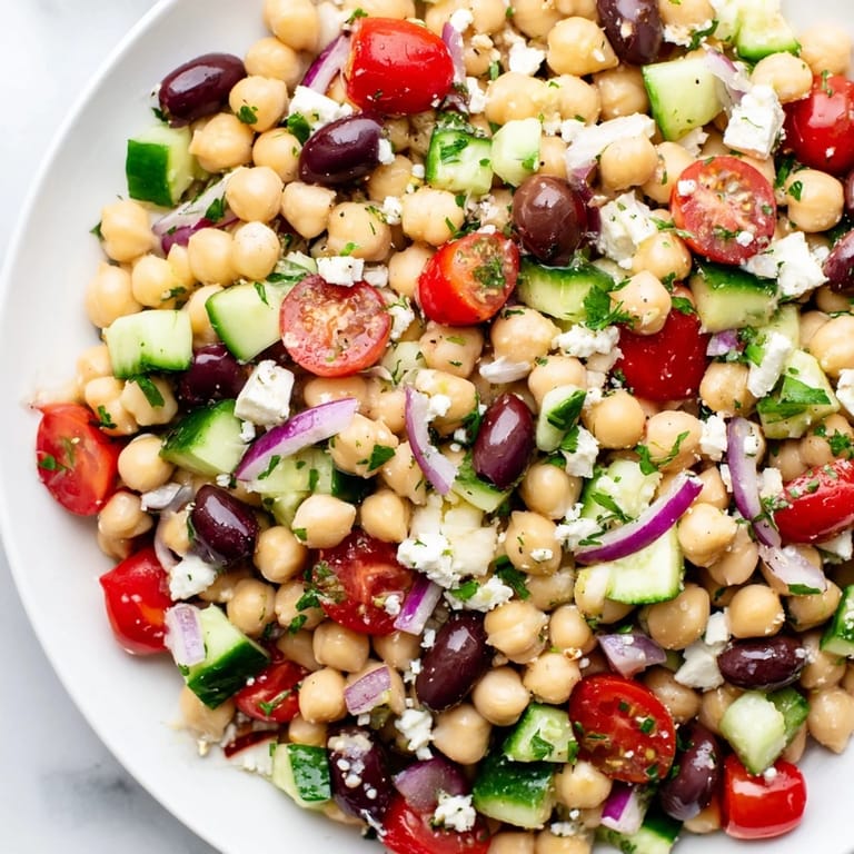 A refreshing bowl of Mediterranean Chickpea Salad with colorful vegetables, perfect for a light lunch.