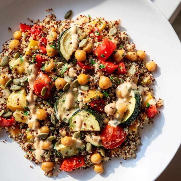 This colorful Quinoa Power Protein Salad boasts vibrant roasted veggies and creamy dressing, so delicious!