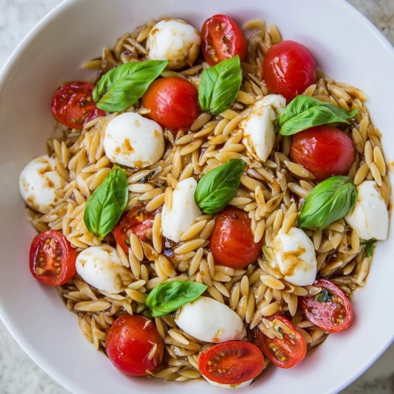 A refreshing bowl of Caprese Orzo Salad, showcasing tender pasta and fresh basil's bright flavors.