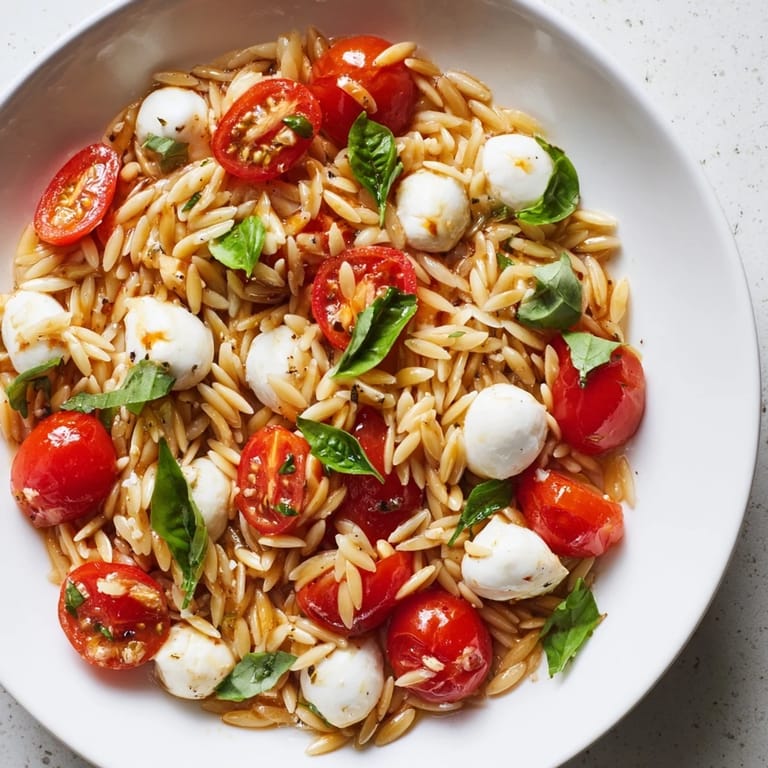 Cool, light Caprese Orzo Salad, perfect for summer, highlighting juicy tomatoes and creamy cheese.