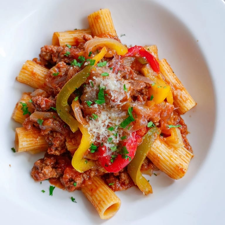 Sausage and Peppers Pasta: a rustic dish with savory sausage, pasta, and colorful, cooked vegetables.