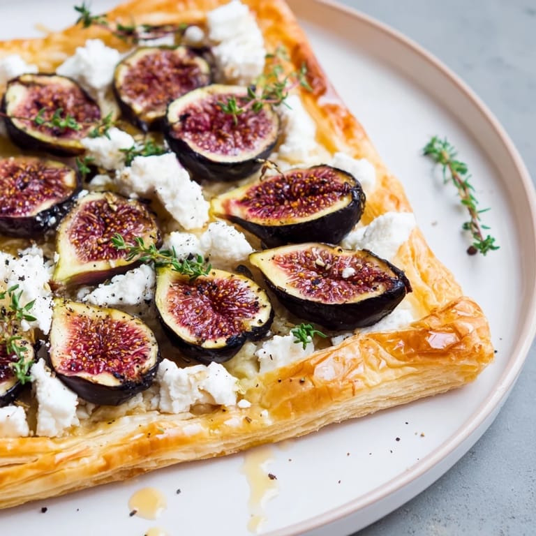 Aromatic Puff Pastry Truffle Pizza, showcasing golden crust, sweet figs, crumbled cheese, and drizzle of truffle oil.