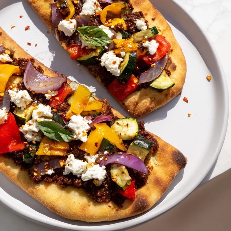 Mediterranean-style naan bread pizza, ready to eat, with fresh basil and a sprinkle of chili flakes.
