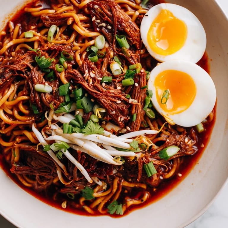 Imagine the rich broth of Chaos Cooking Birria Ramen, garnished with fresh cilantro and lime wedges.
