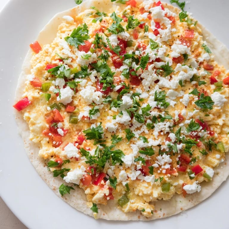 A close-up of a sizzling Turkish Menemen Eggs Pizza, garnished with fresh parsley and cheese.