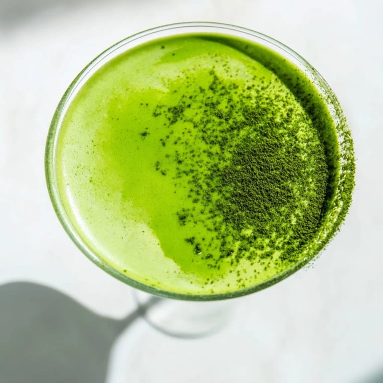 A vibrant Matcha Martini cocktail with light foam, garnished with white chocolate shavings on a clean, minimalist surface.