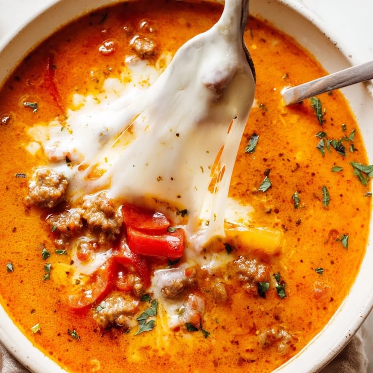 Hearty Pizza Soup with Italian sausage, peppers, and gooey cheese in a rich tomato broth.  