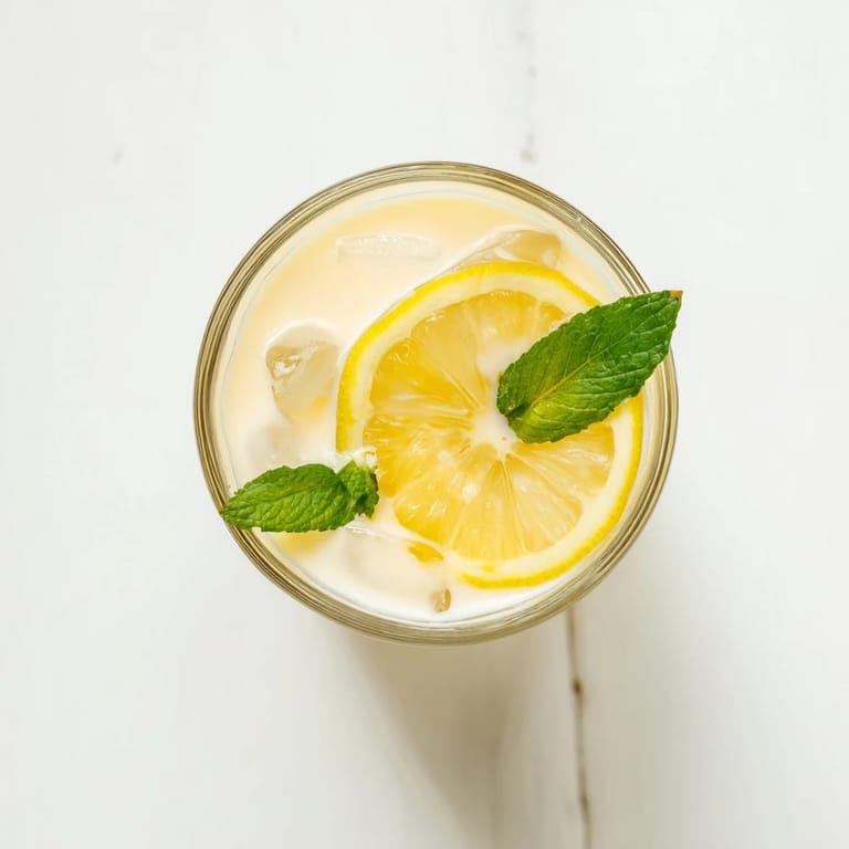Chilled glasses of Creamy Lemonade Drink with fresh lemon wheels and mint sprigs, ready to serve on a sunny patio.