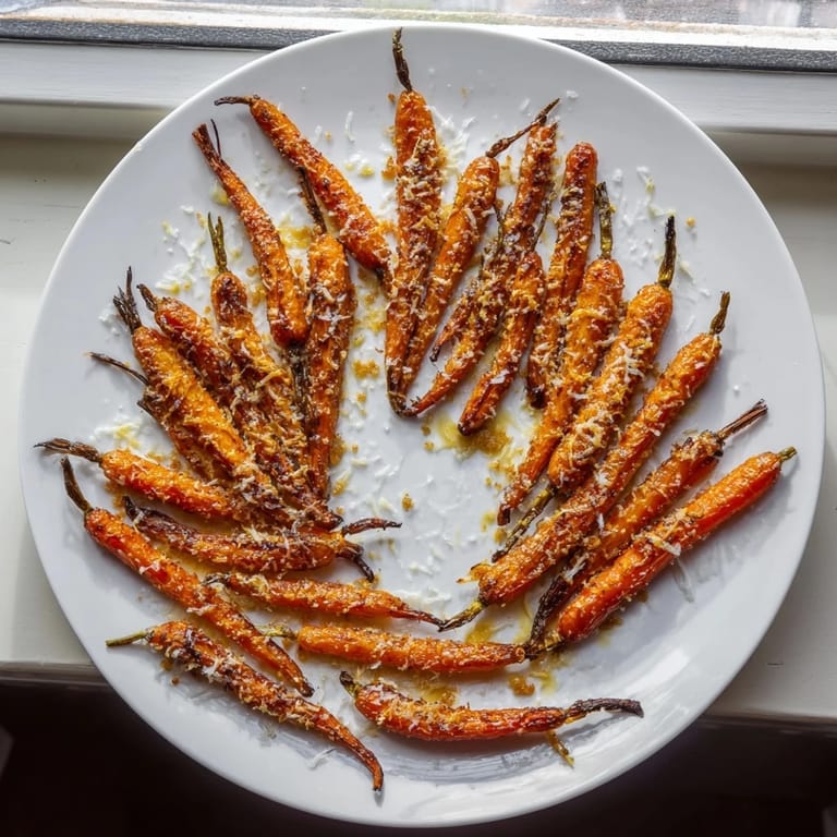Roasted Parmesan baby carrot chips tossed in honey, slightly crisp from the oven, perfect as a snack.