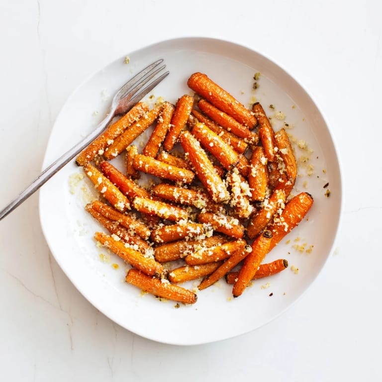 Baked baby carrots with melted Parmesan and golden caramelization, a sweet-savory vegetarian side dish on a plate.