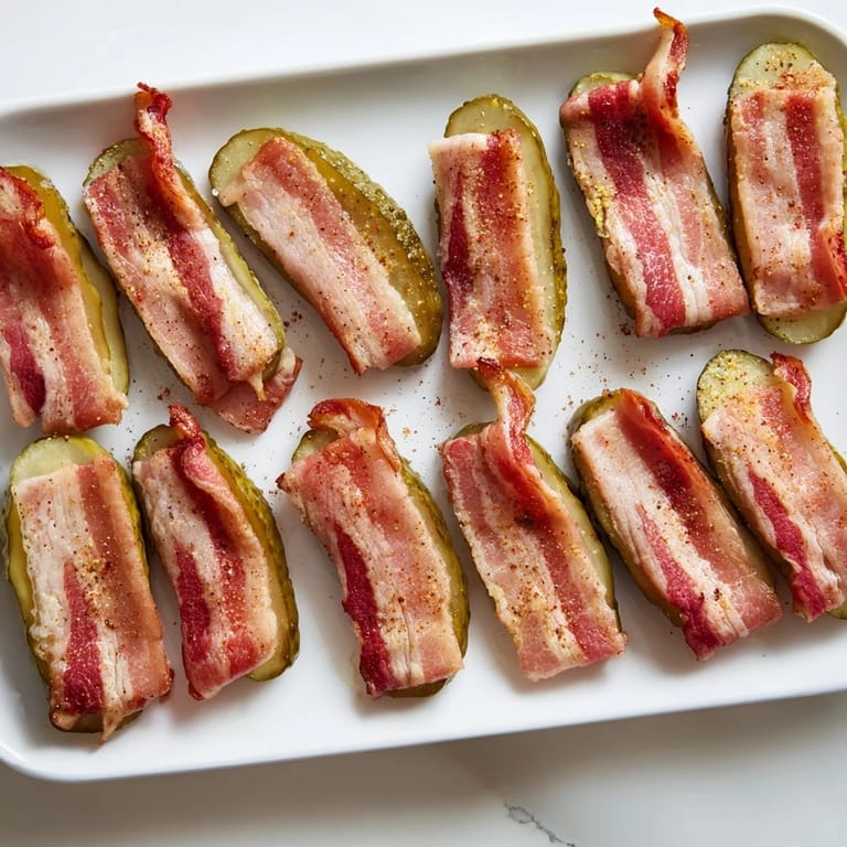 Freshly baked Bacon-Wrapped Pickles with a tangy dill center and crispy bacon, ready to serve with ranch dip.  