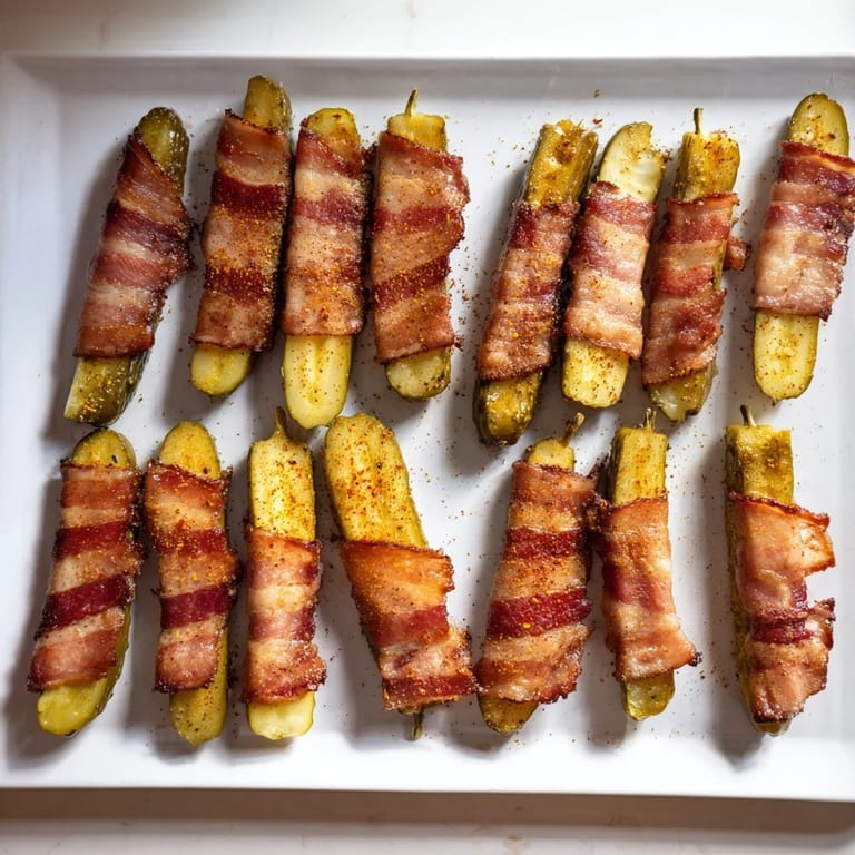 Homemade Bacon-Wrapped Pickles, bite-sized appetizers with golden, crunchy bacon and a cool, tangy pickle inside.