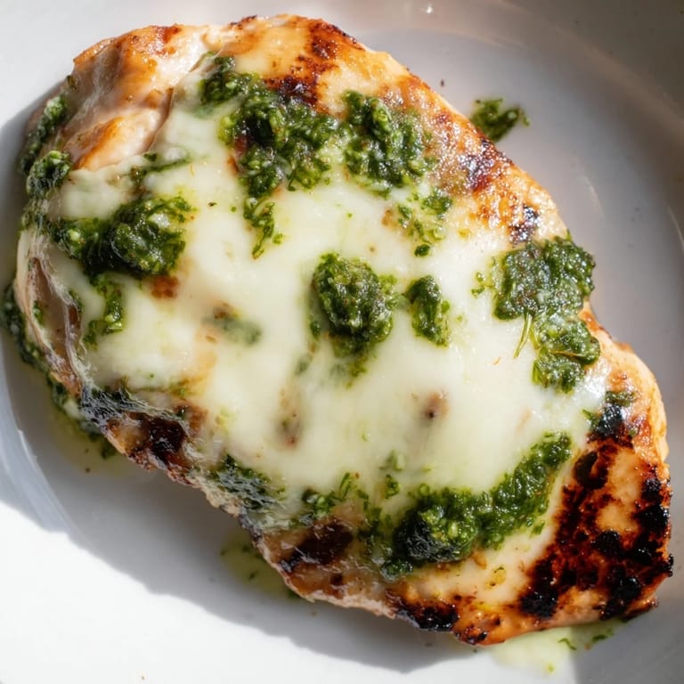 A close-up of a golden Pesto Chicken Melt sandwich, oozing with cheese and paired with ripe tomato slices.