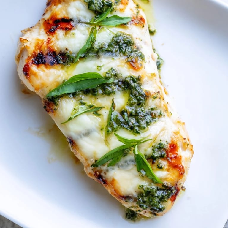 Ciabatta bread holds juicy grilled chicken, creamy basil pesto, and melted mozzarella, perfect for an Italian-American lunch.