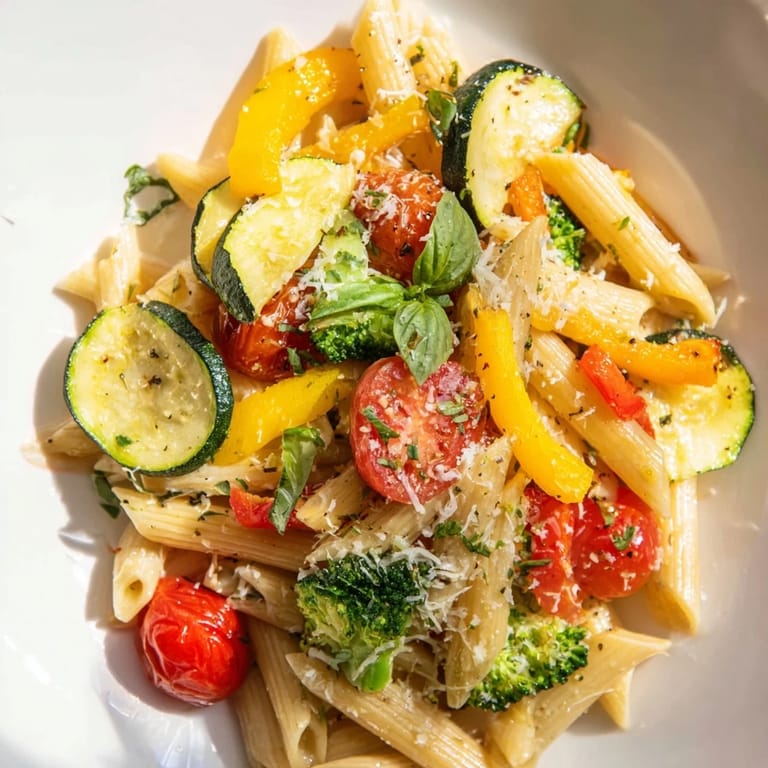 Hearty vegetarian Pasta Primavera served hot from the skillet, topped with freshly grated Parmesan, black pepper, and fresh herbs.