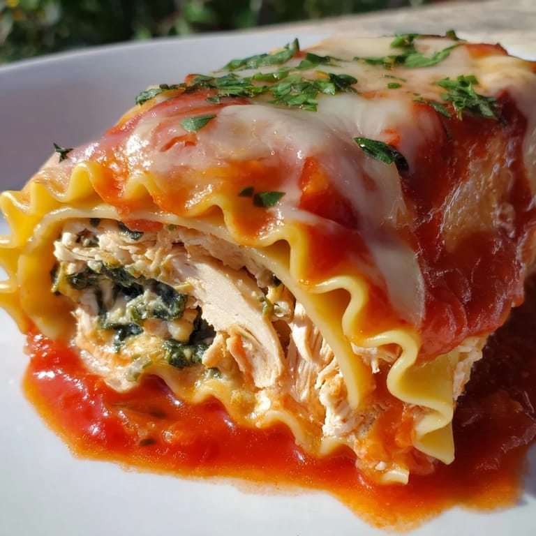 Golden-brown baked chicken and spinach lasagna rolls in a red sauce casserole, served bubbling from the oven.