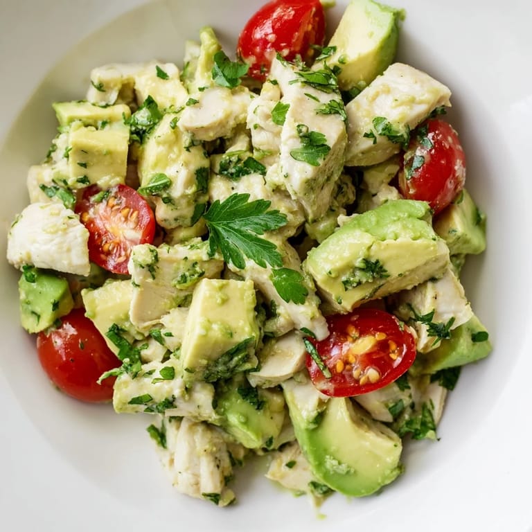 Close-up of homemade avocado chicken salad featuring tender chicken, ripe avocado chunks, and zesty lime dressing.