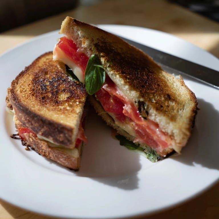 Melted mozzarella and fresh basil peek from buttery golden Tomato Basil Grilled Cheese, perfect with a side of tomato soup.