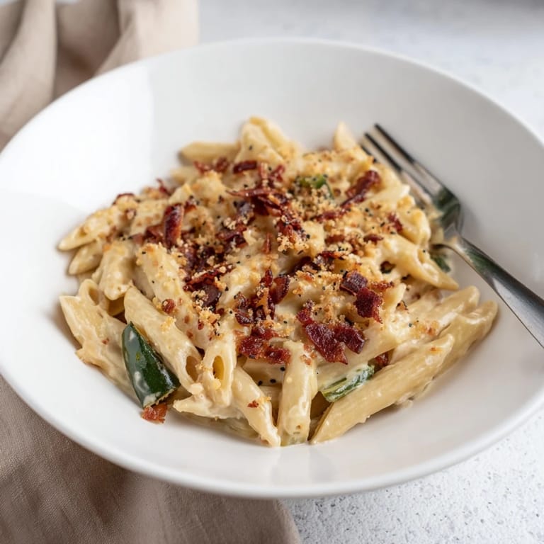 Steaming Jalapeño Popper Pasta topped with chives and crunchy panko breadcrumbs.