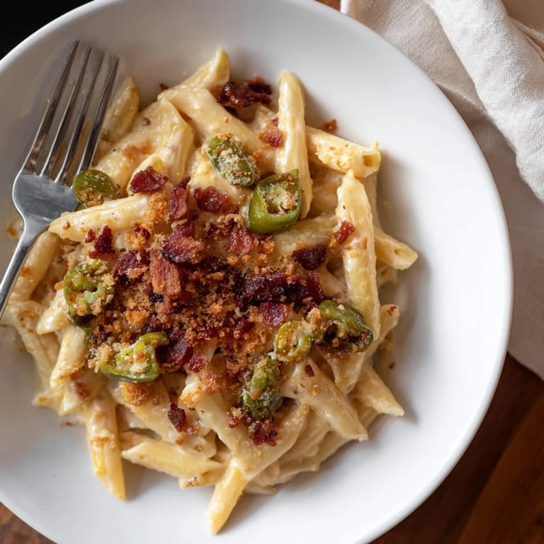 A spoon scoops cheesy Jalapeño Popper Pasta with roasted peppers and bacon.