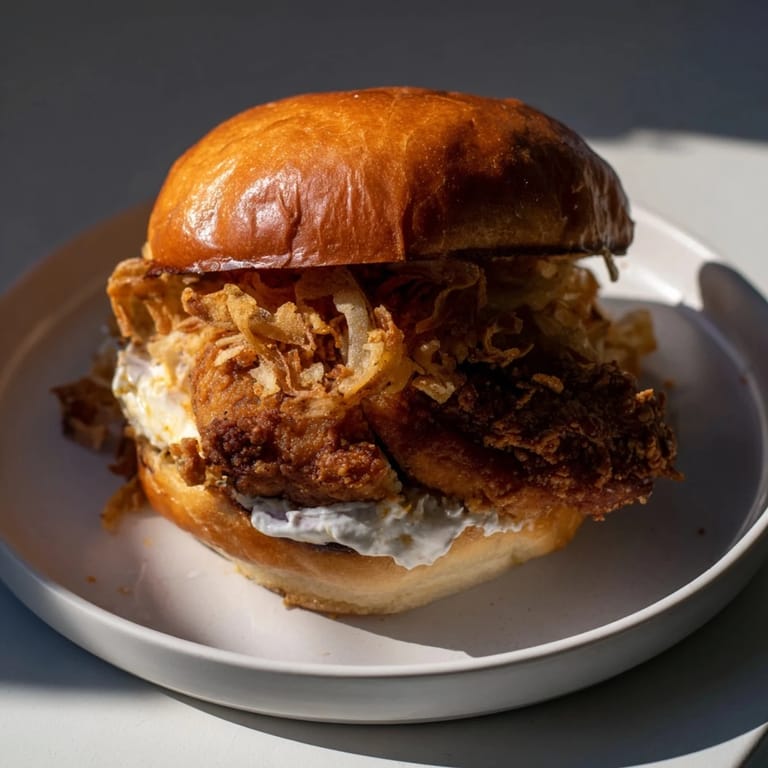 Juicy buttermilk Crispy Onion Chicken Sandwich served with pickles on the side.