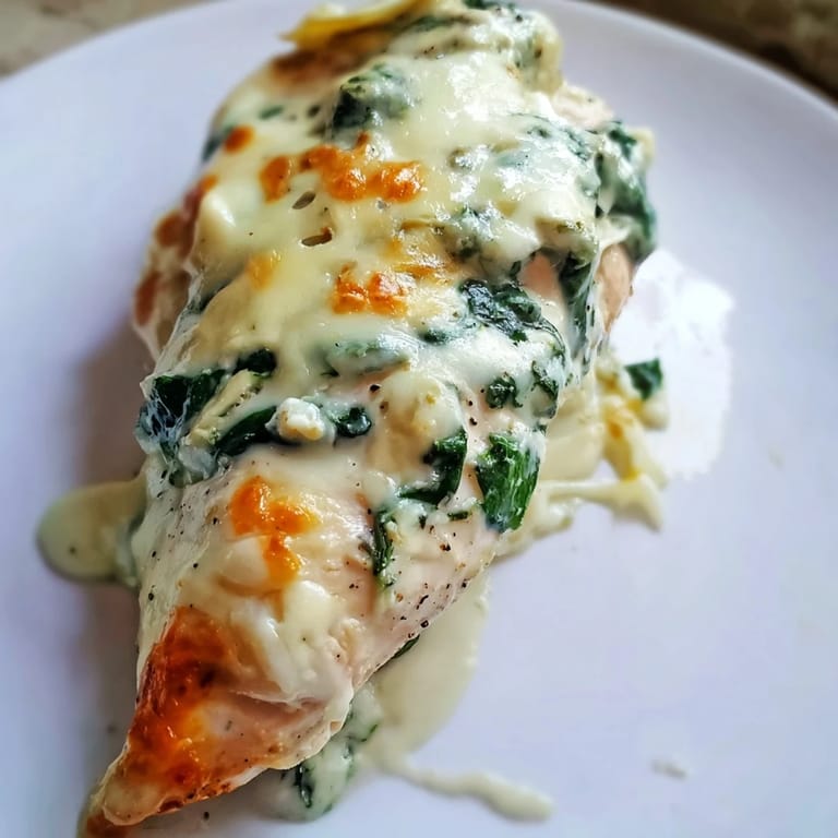 Golden, bubbly spinach and artichoke chicken bake fresh from the oven, served with a simple side salad.