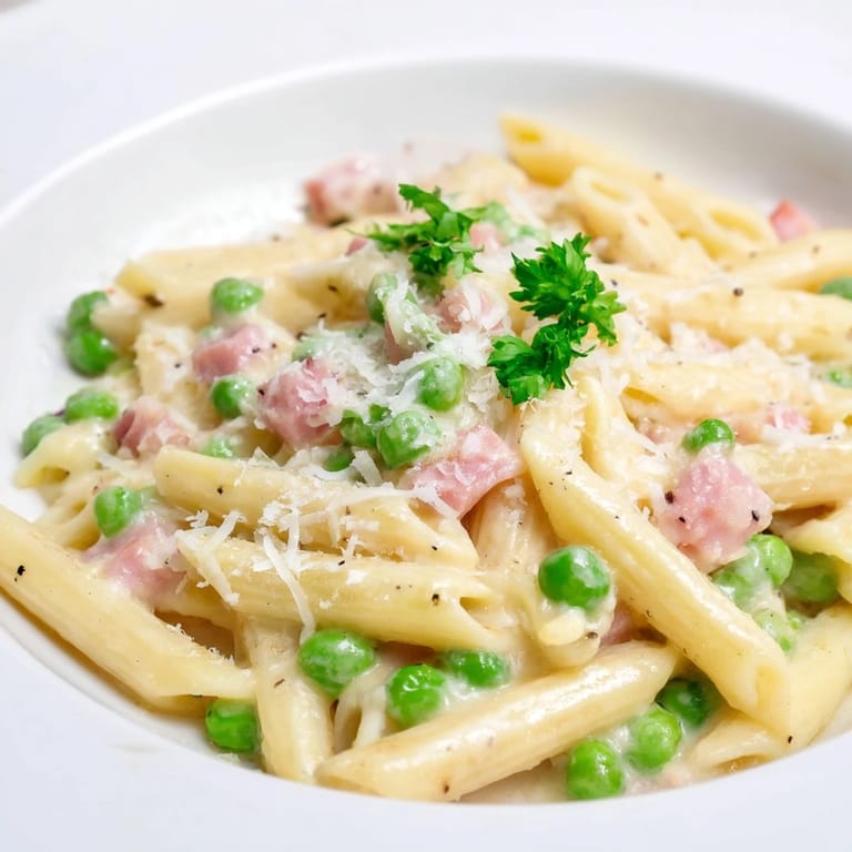 A close-up of Spring Pea & Ham Pasta featuring tender penne, melted cream sauce, and a sprinkle of black pepper and fresh herbs.