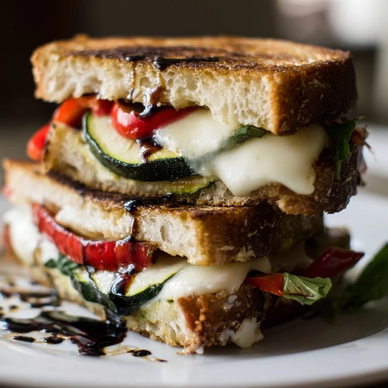 Sizzling Roasted Veggie Caprese Grilled Cheese on a skillet, ready to slice and serve.