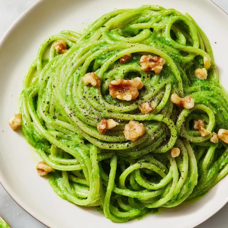 Creamy Spinach Walnut Pasta served warm, sprinkled with black pepper and walnuts, perfect alongside a glass of crisp white wine.