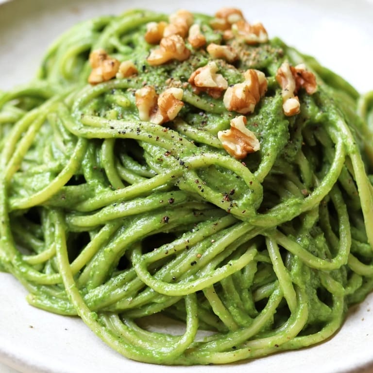 Plate of Creamy Spinach Walnut Pasta twirled on a fork, showcasing the rich, dairy-free sauce for a weeknight vegan dinner.