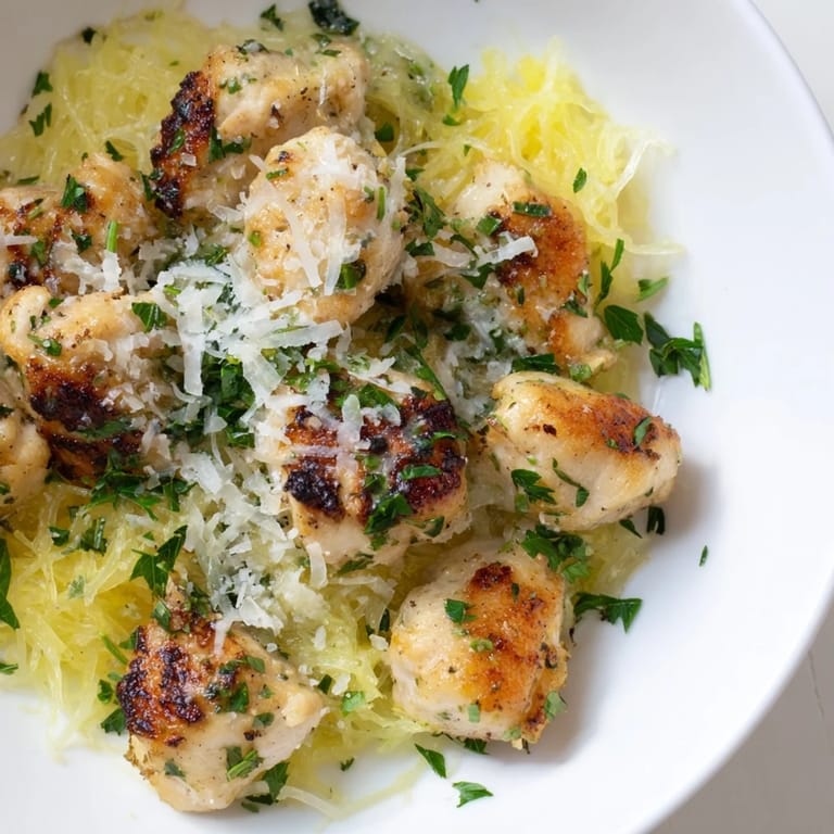 Savory lemon garlic chicken nestled on a bed of fluffy spaghetti squash, garnished with fresh herbs and grated Parmesan.