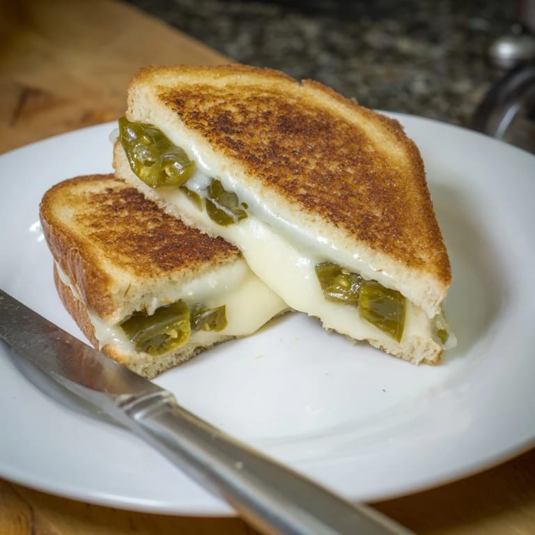 Gooey Jalapeño Pepper Jack Grilled Cheese cut in half showing spicy pickled jalapeño layers.