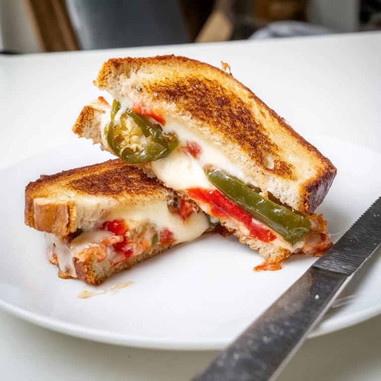 Freshly made Jalapeño Pepper Jack Grilled Cheese served beside a red bowl of tomato soup.