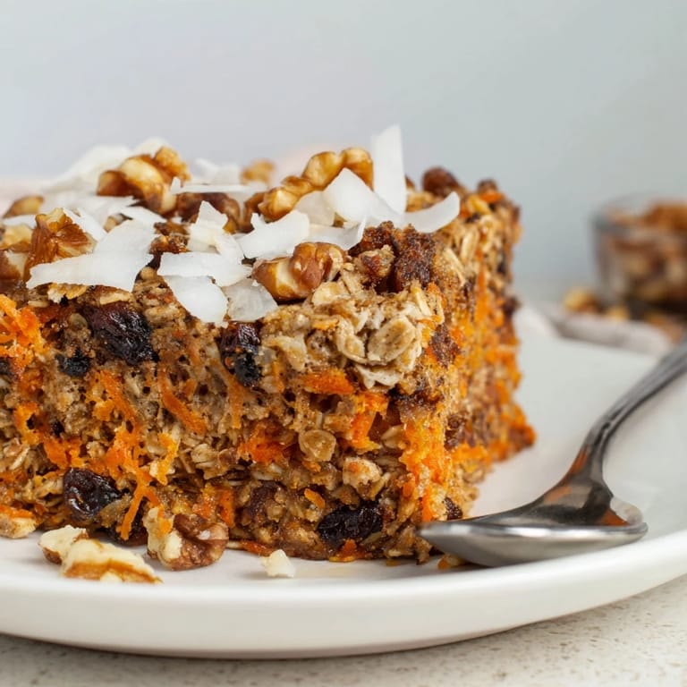 Homemade Carrot Cake Baked Oatmeal in a square baking dish, showcasing a wholesome breakfast with warm spices and golden edges.