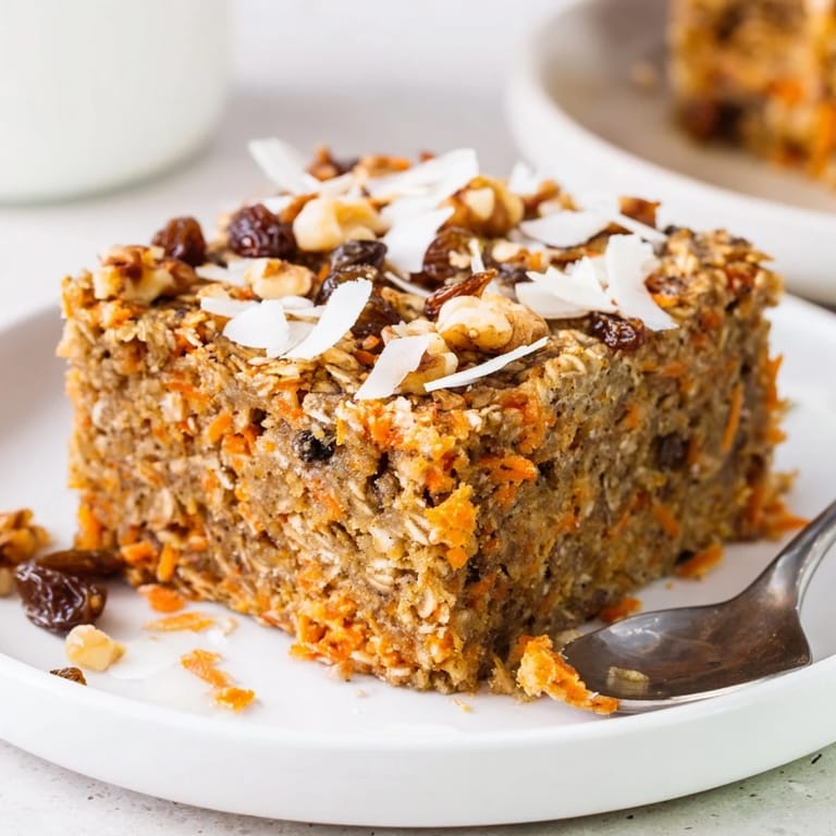 Moist and fragrant slice of Carrot Cake Baked Oatmeal served on a white plate, topped with a dollop of Greek yogurt and maple syrup.