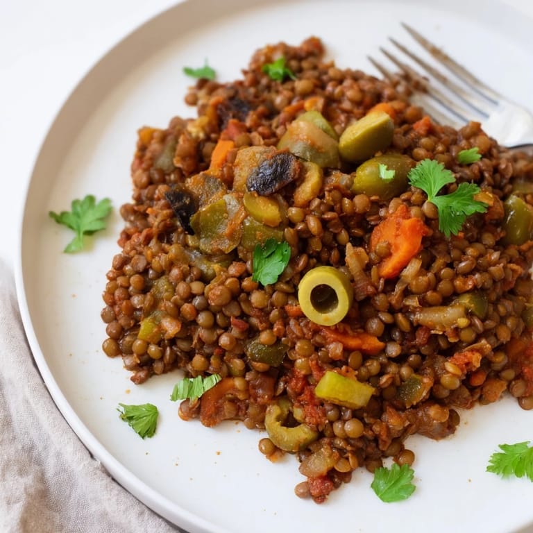 Steam rising from a skillet of savory-sweet Cuban-Inspired Lentil Picadillo, highlighting the colorful lentils and vegetables.