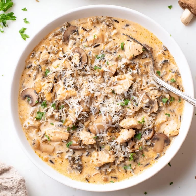 Creamy Parmesan Mushroom Chicken and Wild Rice Soup in a rustic bowl, steam rising from the hearty broth.  