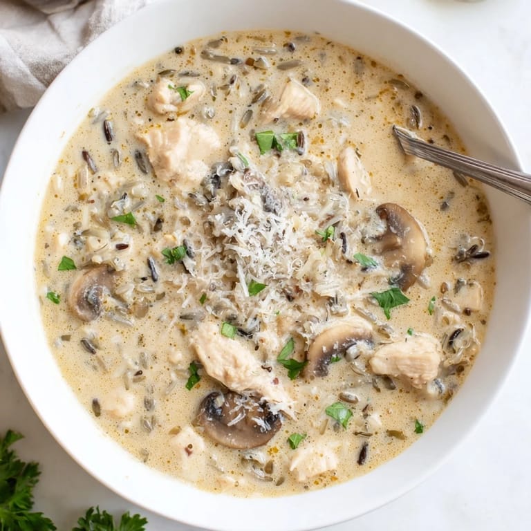 Hearty Parmesan Mushroom Chicken and Wild Rice Soup with tender chicken, mushrooms, and wild rice, ready to serve.