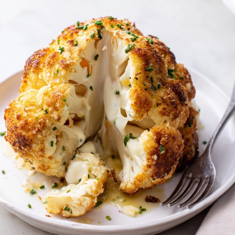 Stuffed cauliflower head topped with crispy breadcrumbs and melted cheddar cheese on a white platter.