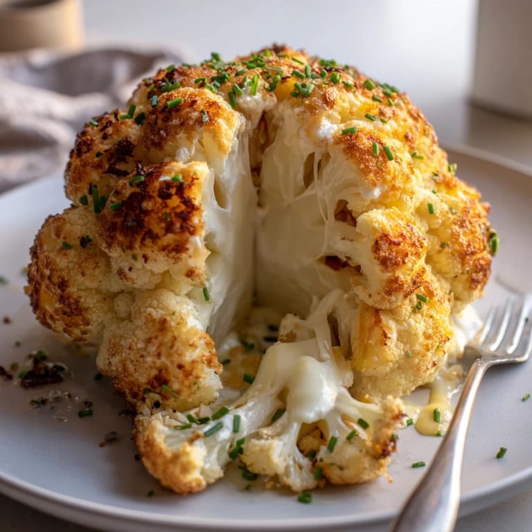 Sliced wedges of Cheesy Stuffed Cauliflower Head revealing creamy, cheesy filling on a rustic wooden table.