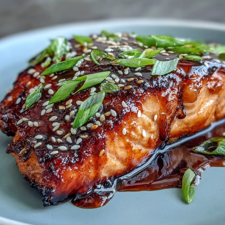 A serving of Maple Soy Glazed Salmon resting on fluffy white rice, garnished with green onions, sesame seeds, and fresh lime wedges.
