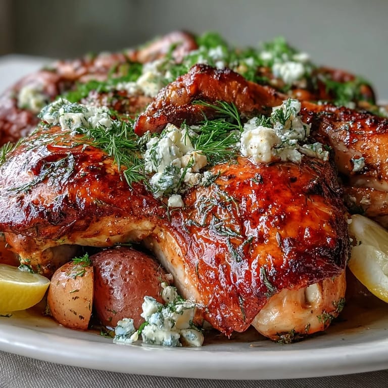 Comforting Mediterranean roasted chicken with savory pot potatoes, generously crumbled.