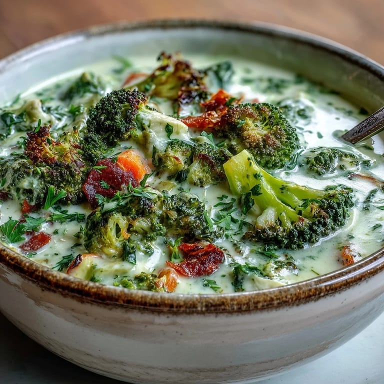 A bowl of velvety Roasted Broccoli Cheddar Soup is garnished with extra cheese and served warm with crusty bread. 