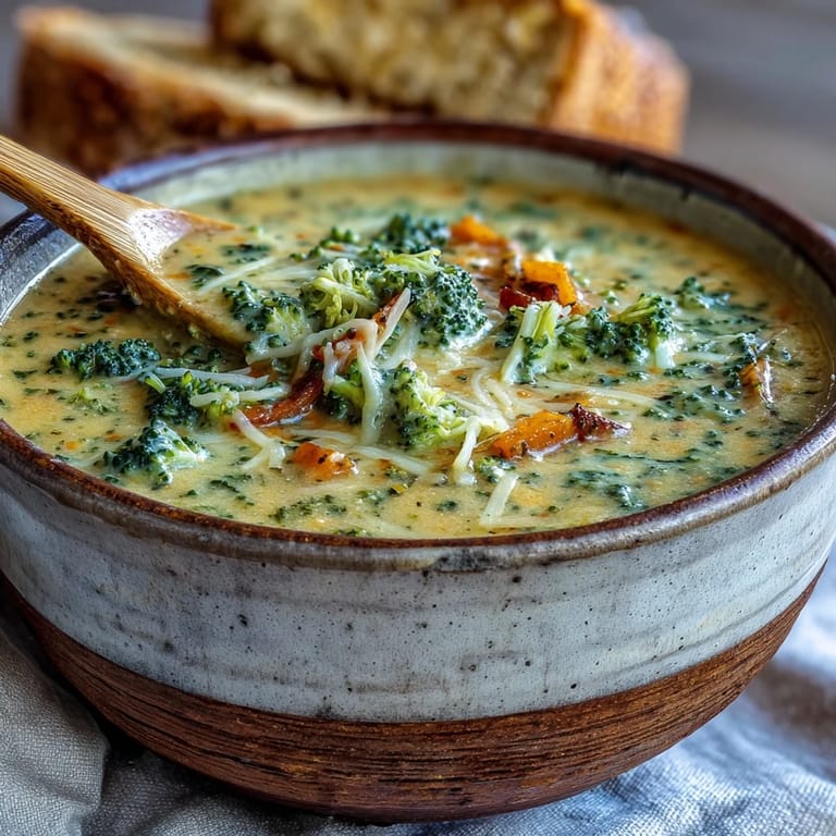 Creamy Broccoli Cheddar Soup served hot alongside a slice of crusty artisan bread for dipping.