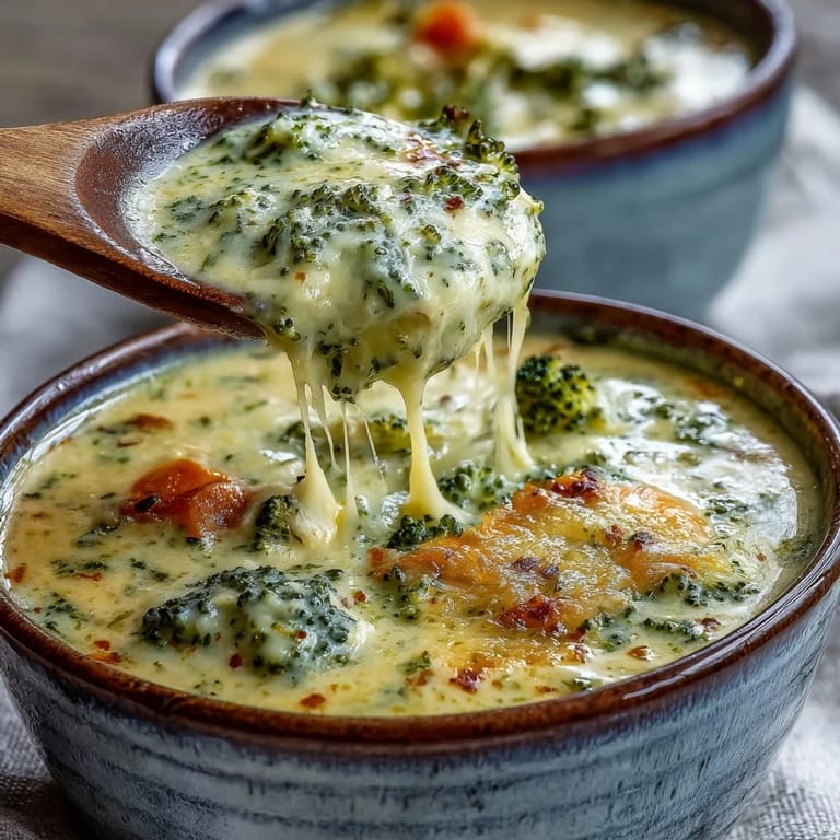 Rich, velvety Broccoli Cheddar Soup in a rustic bowl, showcasing tender broccoli and melted cheese.