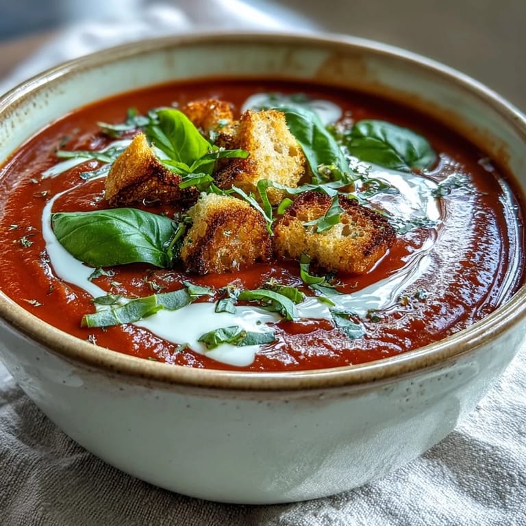 Silky smooth roasted tomato basil soup in a white bowl, garnished with basil and ready to enjoy with a rustic crouton.