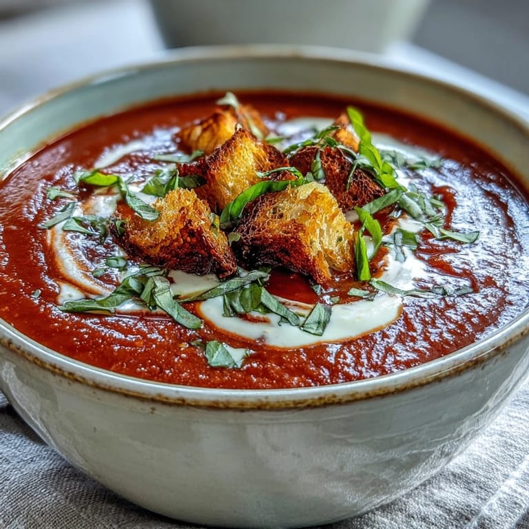 Close-up of rich Italian roasted tomato basil soup, showing its creamy texture and garnish of fresh basil on a wooden table.