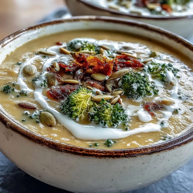 Creamy Roasted Broccoli and Butternut Squash Soup served warm, topped with a swirl of coconut milk drizzle.