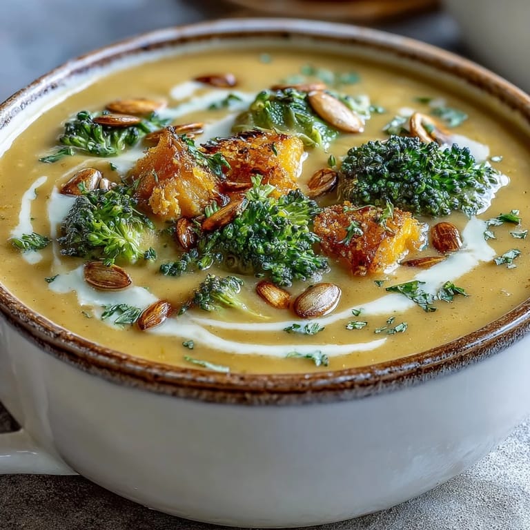 Hearty Roasted Broccoli and Butternut Squash Soup garnished with parsley, ready to serve with gluten-free bread.