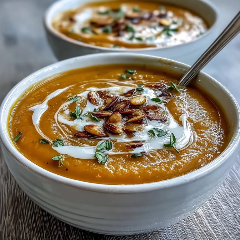 Close-up of a golden ladle of Easy Roasted Butternut Squash Soup dripping into a rustic bowl.